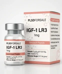 PLSDFORSALE IGF-1 LR3 1mg lyophilized powder research peptide vial with premium pharmaceutical packaging and metallic silver cap.
