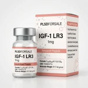 PLSDFORSALE IGF-1 LR3 1mg lyophilized powder research peptide vial with premium pharmaceutical packaging and metallic silver cap.