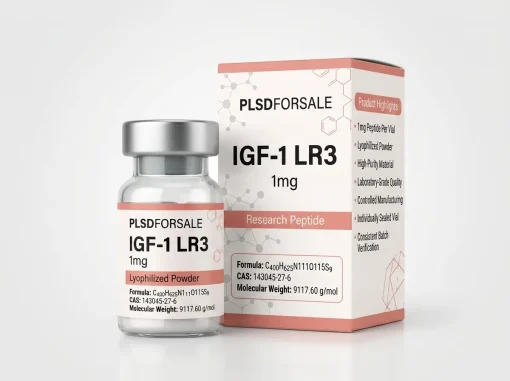 PLSDFORSALE IGF-1 LR3 1mg lyophilized powder research peptide vial with premium pharmaceutical packaging and metallic silver cap.